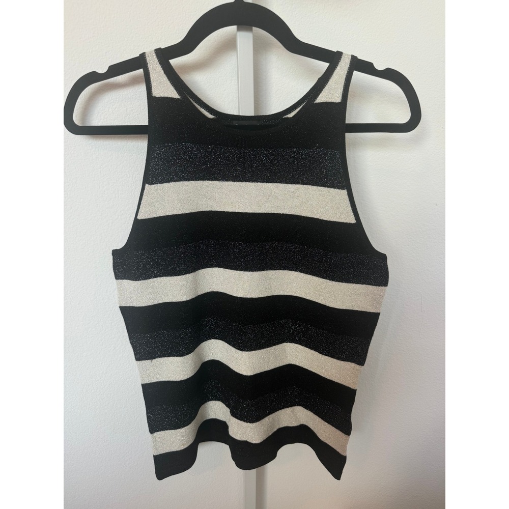 Vintage INC Black White Silver Metallic Stripe Sparkle Knit Top M 90s Y2K